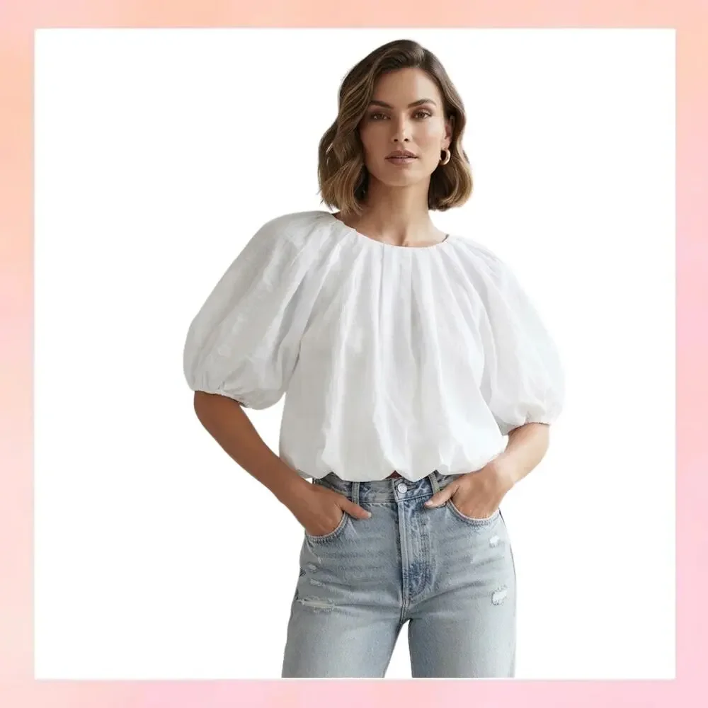 LOFT Petites White Puff Short Sleeve Blouse Top Size XSP